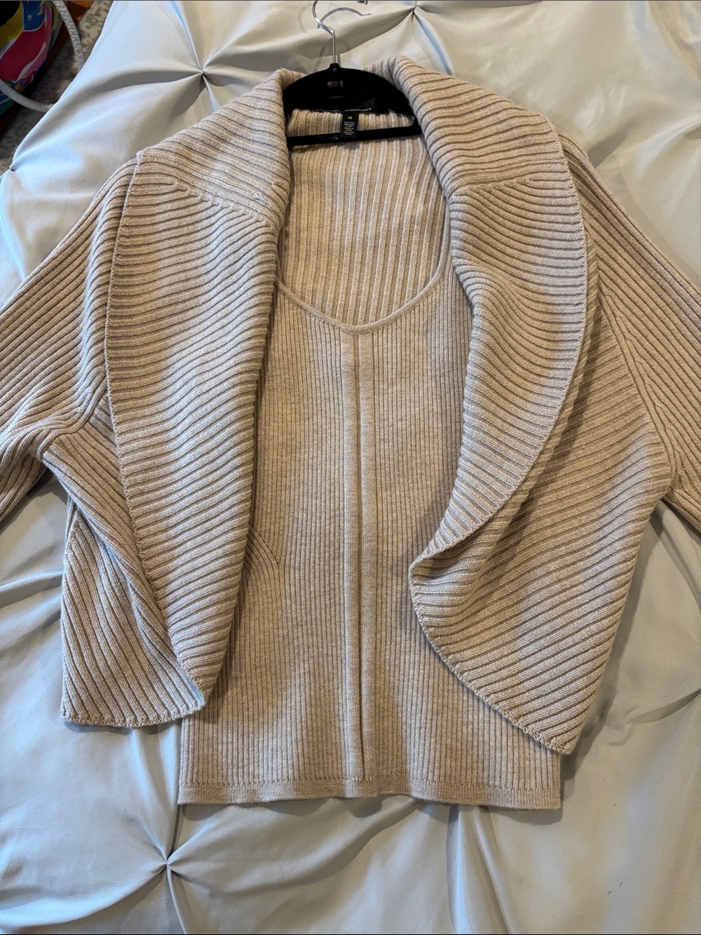 WHBM Beige Ribbed Open-Front Women’s Sweater Cardigan & Tank Set